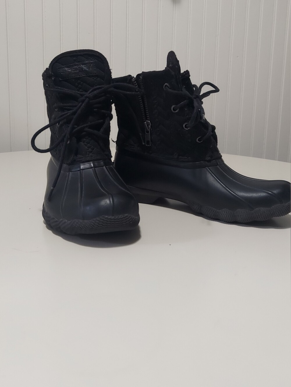 Sperry Black Quilted Lace-Up Ankle Rain Boots with Side Zipper